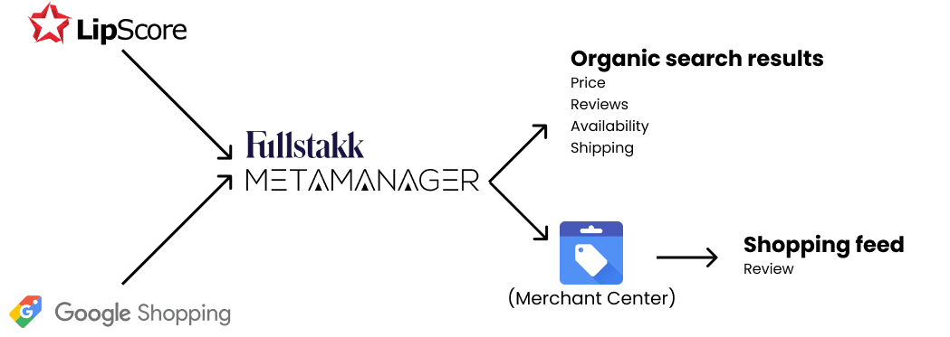 Data merge architecture for creating schema markup and a review feed