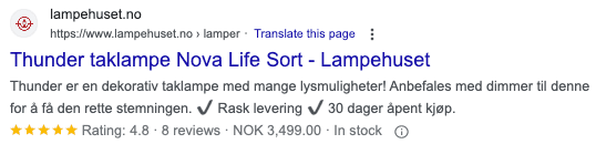 Product page in SERP with Product structured data (merged with Review markup)