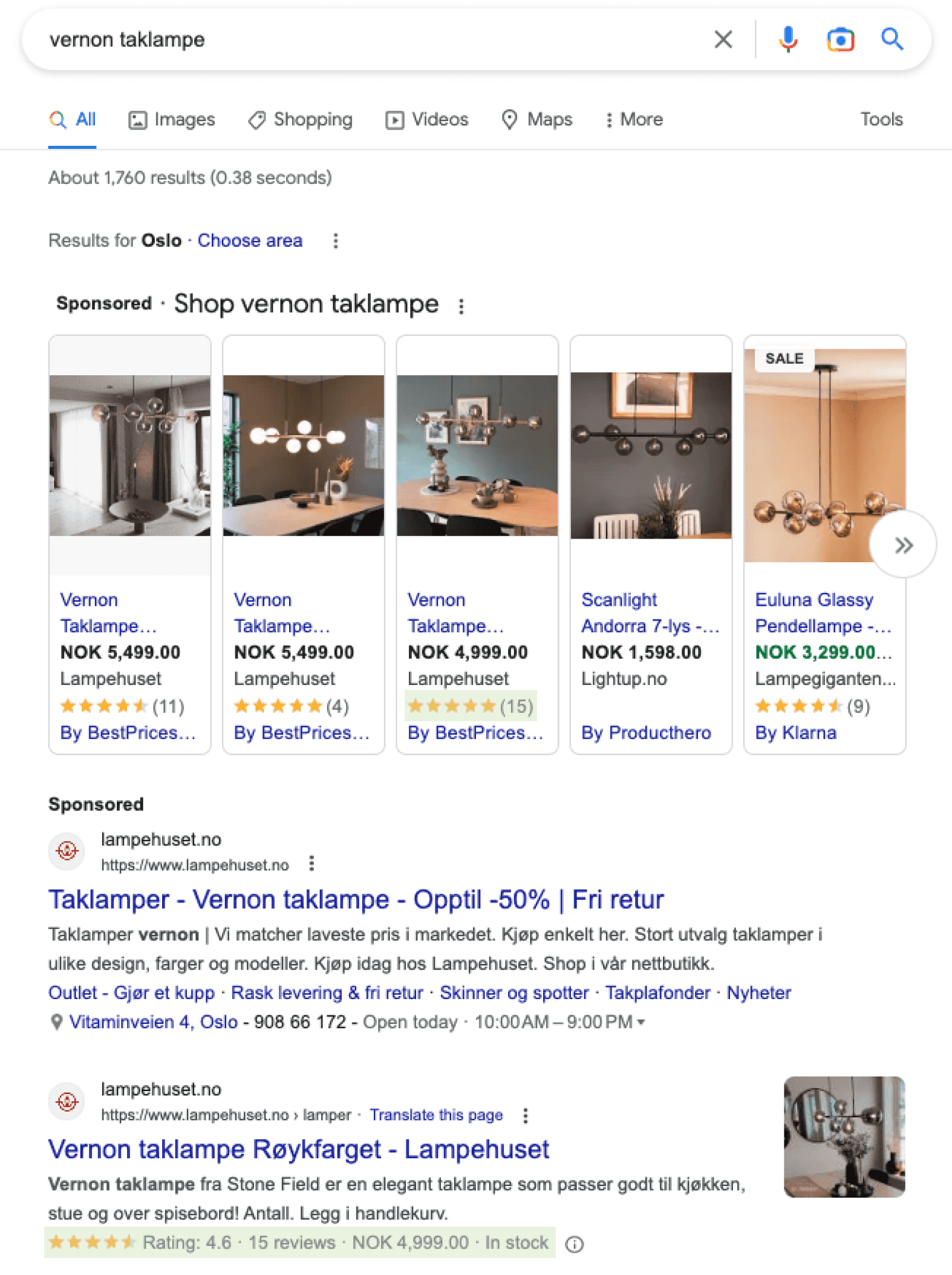 Google search result with Google star rating on product page